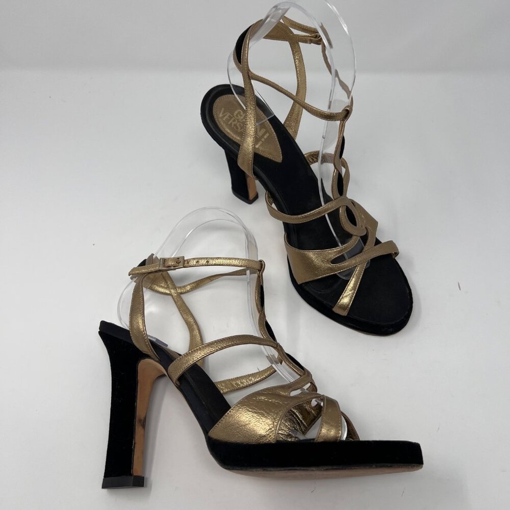 Gianni Versace Metallic Gold & Black Velvet T-Strap Heels Size EU 39 / US 9 Y2K